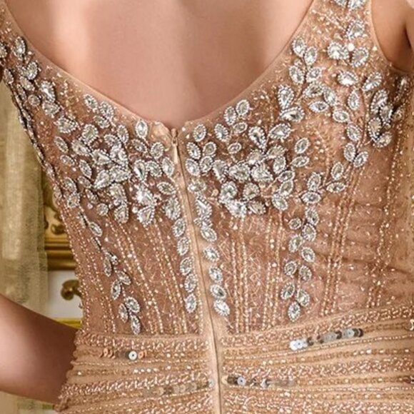 New Champagne Pageant Sheath Gown w/ Cape Sleeves & Dazzling Beadwork GL3665 - Picture 12 of 14